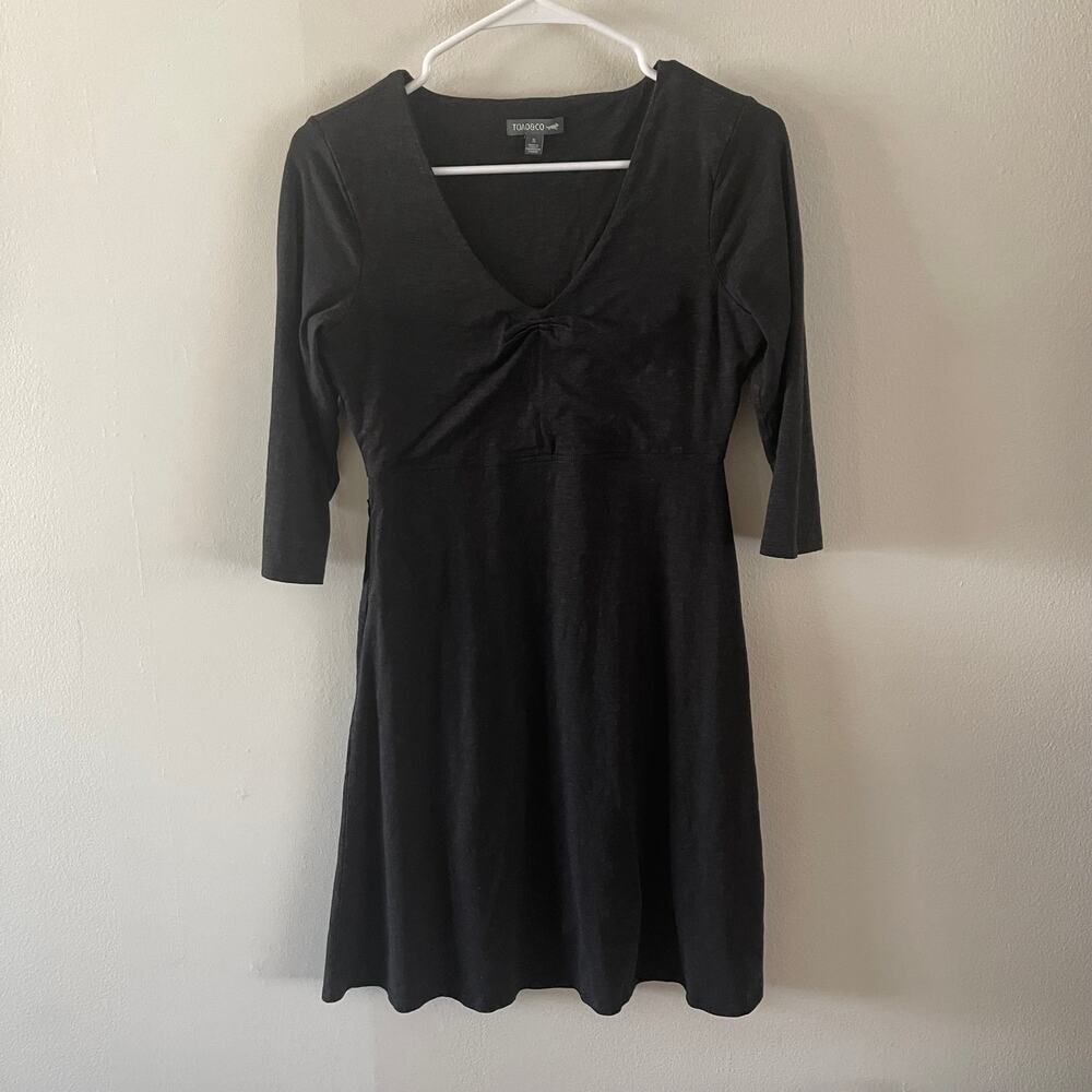 Toad & Co Rosalinda Dress Womens Small Black V Neck 3/4 Sleeve Double Layer Midi